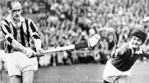 A bloodied Ted Carroll and Charlie McCarthy in the 1969 All Ireland SH Final.