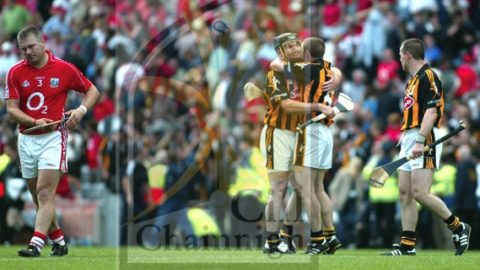 Noel Hickey, Tommy Walsh and Mick Kavanagh (Kilkenny) celebrate as Diarmuid O'Sullivan walks away after the All-Ireland Semi-Final clash in Croke Park. (Photo: Eoin Hennessy)