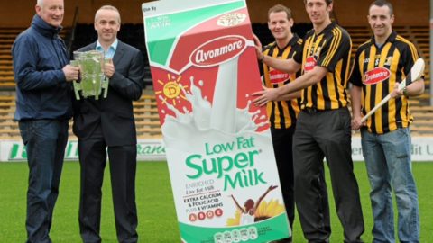 Brian Cody, Kilkenny Team manager, Brian Phelan, Glanbia, Jackie Tyrell, Michael Fennely and Eoin Larkin 2012 Team Captain in Nowlan Park at the launch