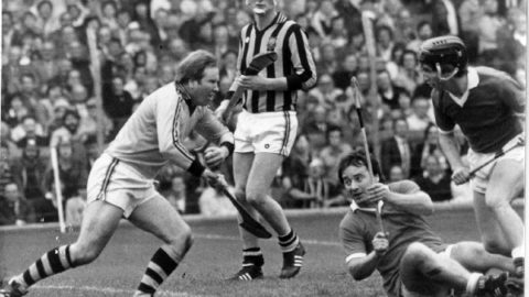 Noel Skehan makes one of his many clearances in the 1982 All Ireland Final v Cork. Also in picture - Brian Cody, Seanie O'Leary and Tony O'Sullivan.