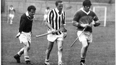 Eddie Leahy (Foulkstown) and Billy Dan Nolan (Newpark Sarsfields) get their marching orders from Referee Fan Larkin in a Junior Championship game in the sixties.