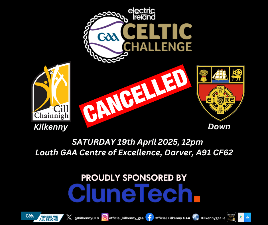 MATCH CANCELLED – Kilkenny v. Down – Celtic Challenge